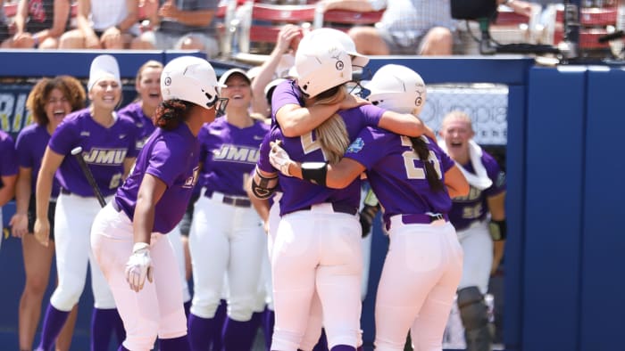 James Madison celebrates during an upset win over Oklahoma